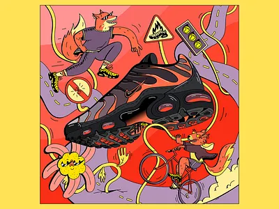 Nike TN London ad animals bicycle bike city digital dope flower fox happy illustration kids london nike smile sneakers tn urban life vector wheelie