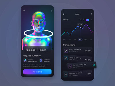 NFT Auction & Marketplace auction blockchain chart crypto cryptocurrency dapps dark darkmode darktheme graph marketplace mobile mobile app neon nft nonfungible token transaction ui ux