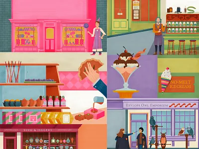 Sweets and Sundaes adobe animal brushes charcterdesign flatdesign hand harry potter ice cream illustration layout magic muti owl photoshop pink simple design sweets texture vector