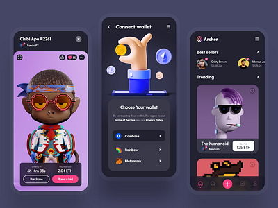 Archer - NFT market UI design app application bitcoin brand branding cryptoart cryptocurrency currency design ethereum illustration logo market mobile nft token ui ux vector web