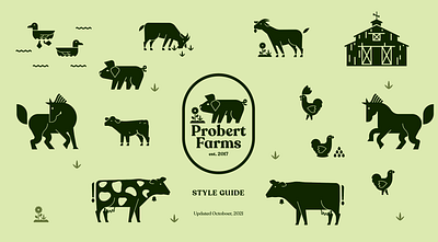 Probert Farms Branding 2 color animals barn branding cow duck egg farm flower geometric graphic design green horse illustration logo pig simple style guide ui
