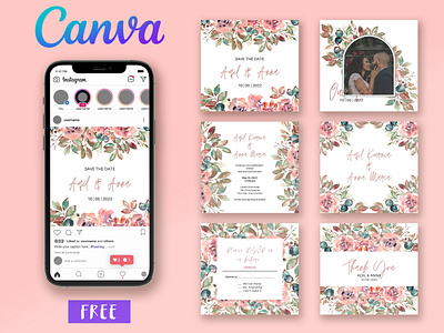 Wedding invitation template and social media post. canva card design floral illustration instagram invitation social media post watercolor wedding