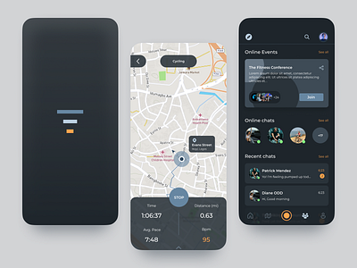 Fitness Tracker App app dark darkmode design exercise figma fitness gym map minimal tracker ui ux