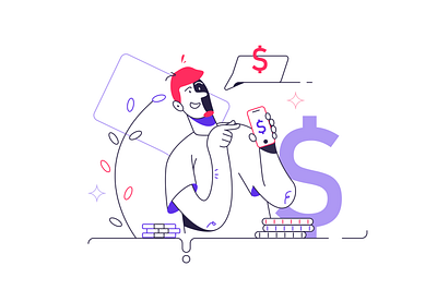 Money in the mobile phone app background branding business cartoon design flat icon illustration internet logo man person ui ux vector