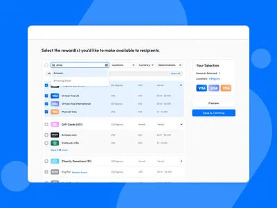 Reward selection tool for Tremendous complex tables product design ui