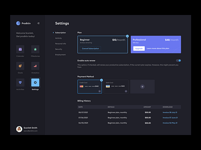 Settings page dark mode asish sunny billing clean dark mode dark ui design minimal payment pixalchemy product product design productivity productivity app settings subscription ui ux web app web design web ui