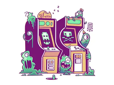 Monster Arcade (and a cat) arcade blake stevenson cartoon cat character design cute design illustration jetpacks and rollerskates logo mascot monster retro street art ui video game