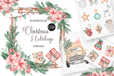 Watercolor Christmas Holidays christmas christmas decoration clipart design florals graphic car graphic design hand drawn holidays house watercolor illustration merry holiday new year new years eve party clipart seamless border tractor illustration vintage transport watercolor winter