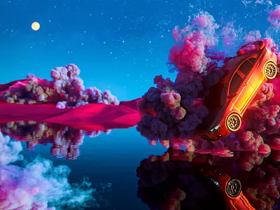 Car on sea 3d abstract blue car clouds design graphic design illustration mitsubishi moon render sea stars water