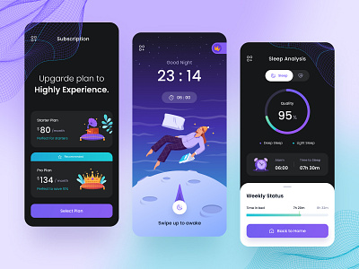 Sleep Tracker App Design 🌜 app application book gradient illustration illustrator ios mobile mobile design moon people people illustration pillow pricing pro plan sleep starter plan subscription track tracking