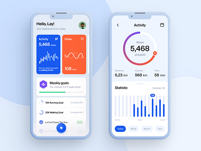 Health Tracking App activity calories cardio dashboard fitness goals graph health care heart rate medical medicine progress pulse running sport stats tracker ux ui walk wellness