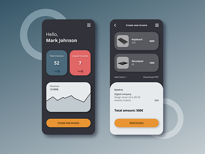 Daily UI 046 - Invoice app bank dailyui dailyuichallenge dark darkmode design mobile ui uxui