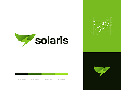 solaris logo bird bolt brand identity branding clean clever logo corporate style eco energy graphic design green lightning logo logo grid logo kit logo mark renewable energy simple solar solar power