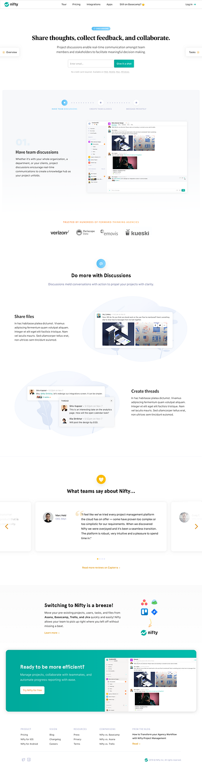 Nifty Project Management: Discussions asana chat clean design discussions landing minimal simple slack trello ui ux web website