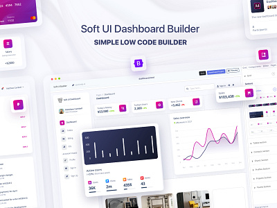 Soft UI Dashboard Builder admin template bootstrap 5 builder cards code dashboard demo design drag and drop editor export free gradient online responsive sidebar soft tables web design