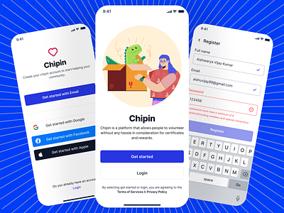 Chipin - Volunteering App app apple blue branding clean ui dailyui design design trends forms illustration ios logo minimal mobile app modern onboarding signup ui user ux