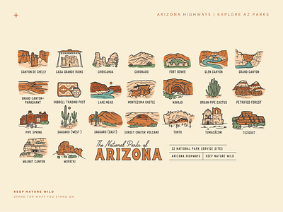 Explore Arizona Parks arizona arizona highways canyon design grand canyon hike hiking illustration landscape map national parks nature outdoors outside parks red rock saguaro spot art travel