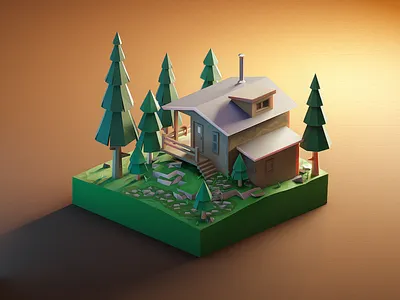 Cabin in a forest - low poly natural diorama 3d 3dart 3dillustration 3dmodeling blender building cabin design forest house hut illustration isometric low poly lowpoly lowpolyart nature renders spruces wood