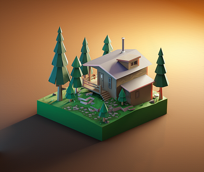 Cabin in a Forest - low poly natural diorama 3d 3dart 3dillustration 3dmodeling blender building cabin design forest house hut illustration isometric low poly lowpoly lowpolyart nature renders spruces wood