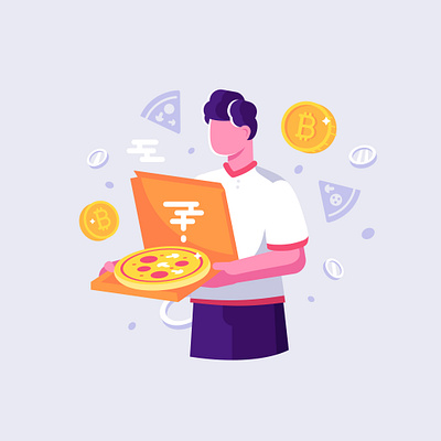 Bitcoin Pizza Day 22 may bitcoin bitcoin pizza day character crypto cryptocurrency delivery design fast food flat illustration money pizza pizza deliveryman vector