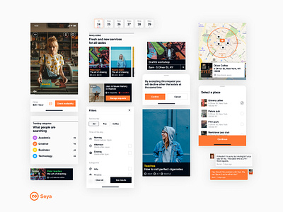 Seya – Components buttons calendar cards components design system elements icons map mobile app ui user interface