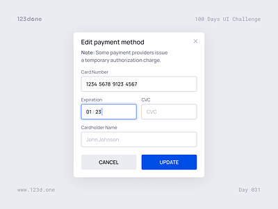 Day 031 — Payment Details Modal | 100 days UI challenge 123done card design design system figma interface modal modal box payment popup ui ui kit universal ui kit (web)