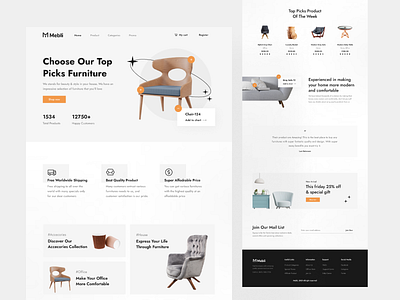 Mebli - Furniture Store Landing Page banner categories category features footer furniture furniture shop furniture store header hero section landing page mail list product promotion shop store subscribtion testimoni ui design website