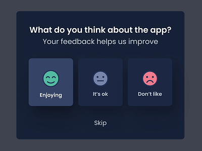 Dark Mode User Feedback UI Modal dark mode emojis enjoy feedback feedback component input like it minimalism rating research review survey user feedback user input