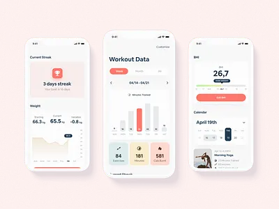 Yoga & Meditation App Metrics app balance calendar graph meditation metrics minimal mobile mockups pastel practice session statistics streak weight workout yoga