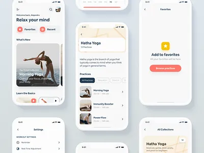 Yoga & Meditation App app calendar favorites hatha home meditation mind mobile mockups practice relax relaxation session settings stretching ui ux welcome yoga