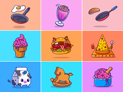 #RandomCatalyst part 21🍳🍦🧠🍔 brain breaksfast menu cute drink egg fast food flying food food ice cream icon illustration logo milk monster pan pancake pizza random things