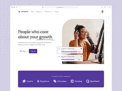Podcast analytics website — Untitled UI clean ui design system figma figma ui kit home page homepage landing page marketing site minimal minimalism podcast podcast website simple web design webflow website