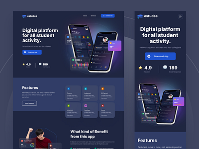 Exploration : ESTUDEE Student App Landing Page Dark Mode academic campus civitas clean dark mode dashboard elearning landing page student ui university website