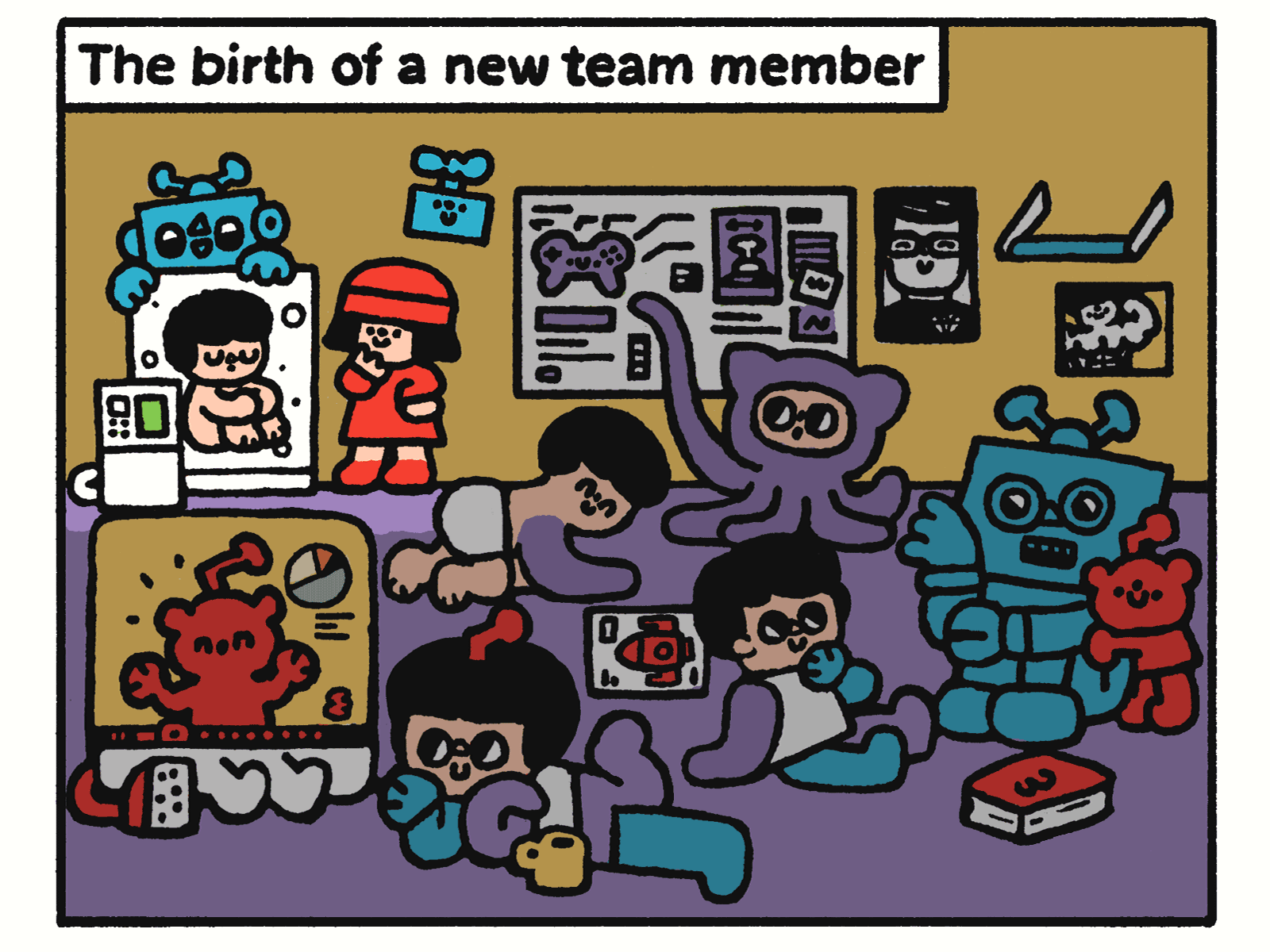 The birth a a new team member animation branding comics comix cute design doodle fun github graphic design hello kitty illustration japanese kawaii motion graphics pop art reddit robot team