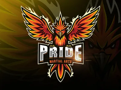 Pride Martial Arts badge logo bird logo branding character emblem esport esport logo fire fire birds fire logo icon identity illustration logo mascot mascot logo phoenix phoenix bird phoenix logo sports branding