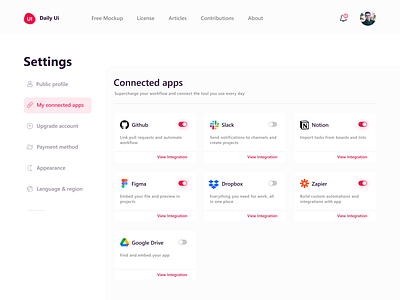 Integrations settings page — Daily UI dailyui settings ui ux web