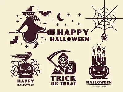 Halloween logo autumn bat candle death emblem flat geometric grim reaper halloween holiday horror logo pumpkin raven scythe skull spider vector web witch