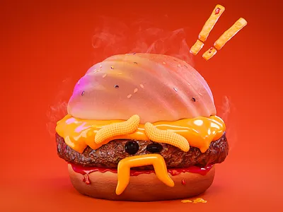 BIG Cheeseburger With Personality🍔 3d 3d modeling blender blender3d bread burger character characterdesign cheese corn cute cycles dribbble fast food frenchfries hamburger moustache original red smoke