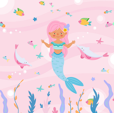 Cute mermaid background cartoon character dolphin fish illustration kids marine mermaid ocean postcard underwater vector