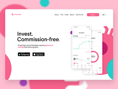 Freetrade: Fintech commission-free trading app - Landing page. banking colourful design fintech flat freetrade graphic design landing page trading ui ui design ux web web design