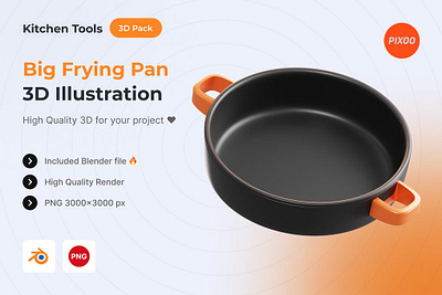 Big Frying Pan 3D Kitchen Illustration 3d 3d animation 3d art 3d icon 3d icons 3d illustration 3d object app concept design graphics design icon icon design icons icons design illustration kitchen logo object page