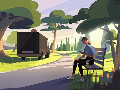 Coffee in the park 2d animation character coffee environment explainer video illustration landscape marketing park plants vector woman