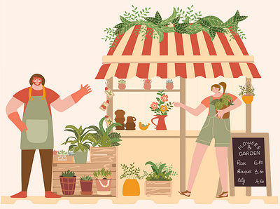 Flower shop botanical character flowers gardener graphic design green hand drawn illustration plants sell shopping stall store