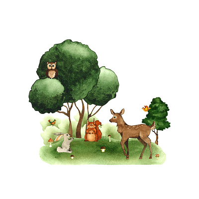 Forest story animals art baby cartoon character child clipart composition cute decoration design forest green hand drawn illustration mammal nature poster watrcolor wildlife