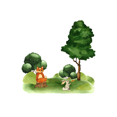 Friends animal art baby cartoon character child composition cute design draw forest fox friends funny graphics hand drawn hare illustration rabbit watercolor