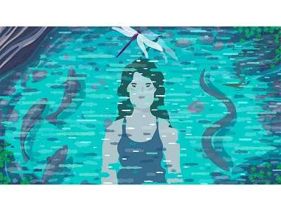 Swimming in the Wild Will Change You. adobe illustrator adobe photoshop blue boulder stone dragonfly editorial eel fish girl heron illustration illustrator nature reflection ripple river rocks swimming water woman