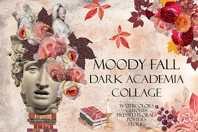 Moody Fall. Dark Academia Collage antique sculptures clipart collage dark academia fall floral graphic design watercolor illustration