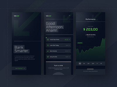 Vekvest - Investing adn Banking Application app application bank banking black darl design invest mobile app ui user interface ux