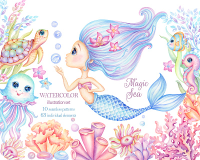 Watercolor Magic Sea, Mermaids and sea creatures for nursery baby shower design illustration mermaid nursery print pattern sea watercolor