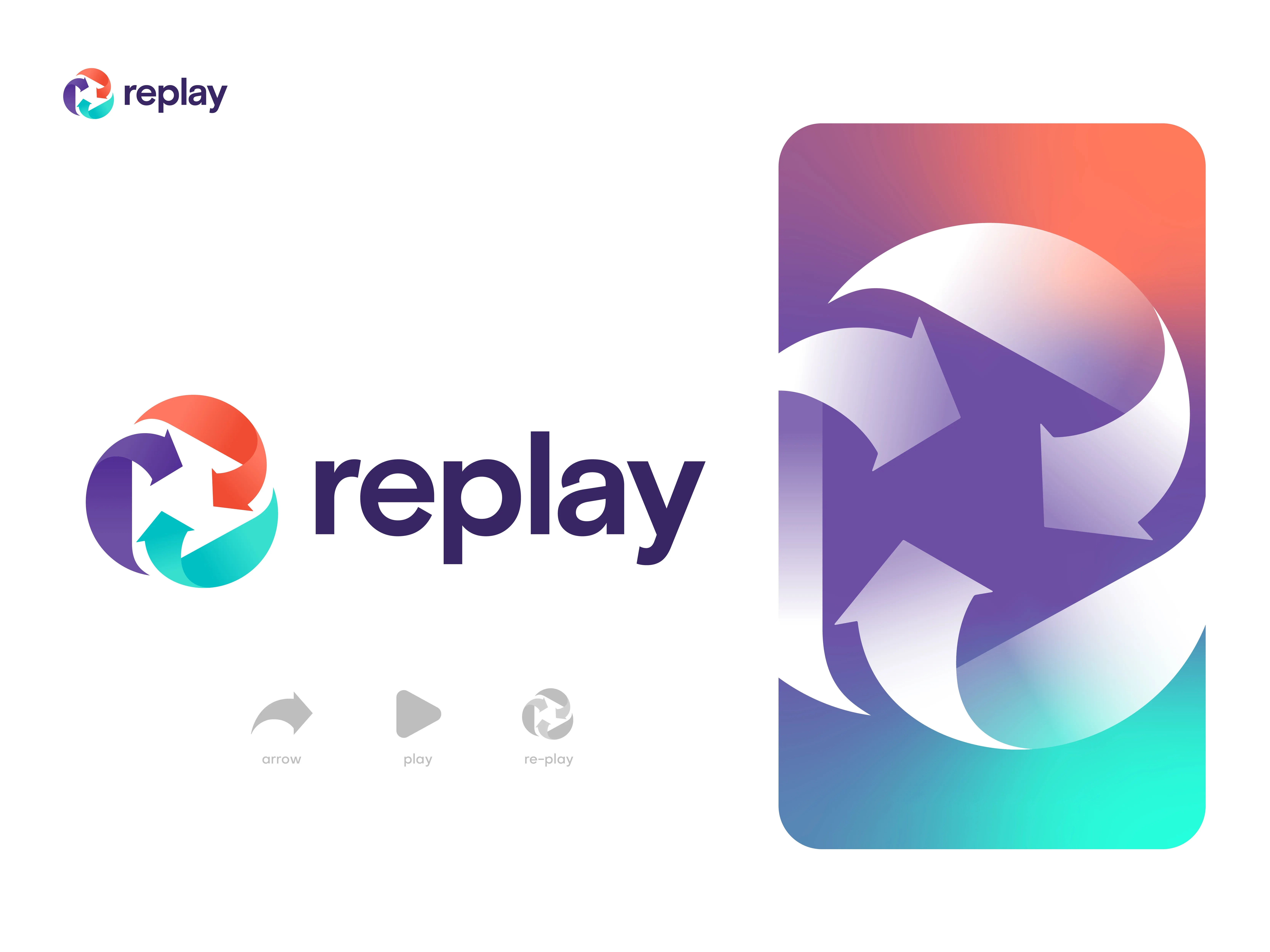 Replay Logo Design (Concept: Play Button and Arrow Symbol) brand branding business logo conceptual logo creative logo custom logo logo logo design logodesign logomark logos media logo modern logo play button play logo re play logo symbol unique logo vector